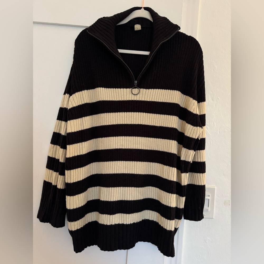 H&M Black and Cream Striped Cowl Neck Sweater